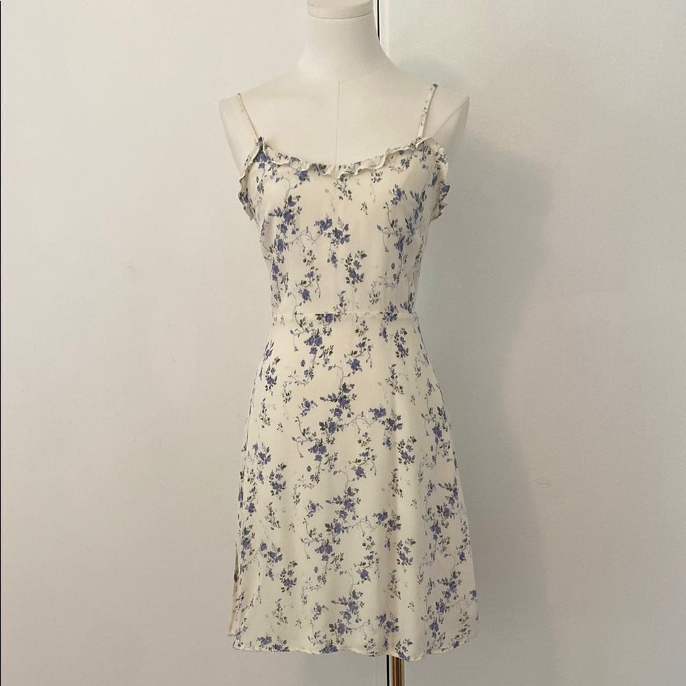 Reformation Light Cream & Blue Floral Mini Dress with Ruffle Neckline Size 4 - Picture 2 of 13
